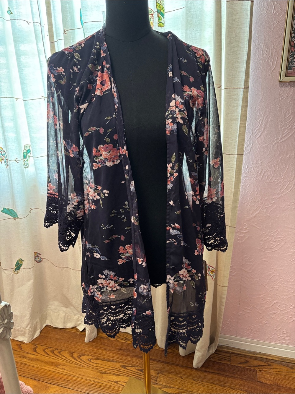 Navy Floral Lace-Trim Swim Coverup